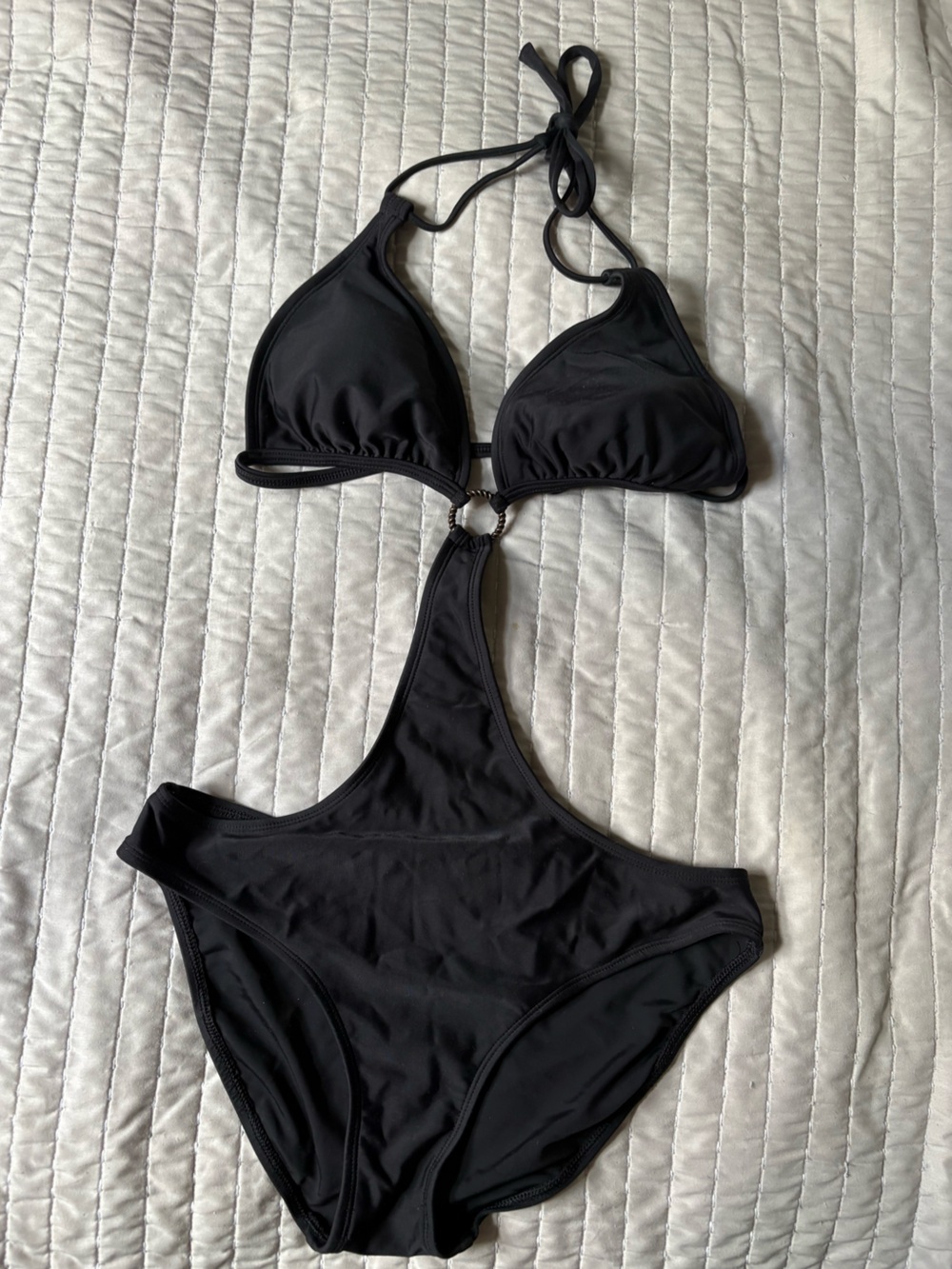 Skye Swimwear Black One-Piece Cutout Swimsuit with Ring Detail Tie Back size Med